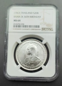THAILAND 20 BAHT 1963 RAMA IX 36TH ANNIVERSARY OF BIRTH SILVER COIN NGC MS64 - Picture 1 of 2