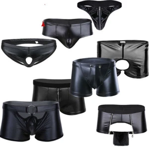 Sexy Men Faux Leather Boxer Briefs Wetlook Pouch Low Rise Shorts Underwear - Picture 1 of 52