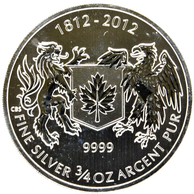 2012 RCM CANADA $1 WAR OF 1812 SHIELD 3/4OZT 9999 FINE SILVER BULLION COIN ROUND - Image 1 of 2