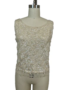 Vintage Wool Beaded Knit Top Size Large  Ivory Sequins Pearls Beads - Picture 1 of 7