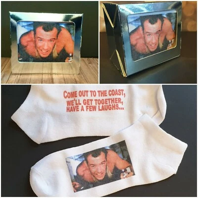 die hard movie socks mirror air vent box secret santa FREE BADGE 80s lost boys - Image 1 of 4