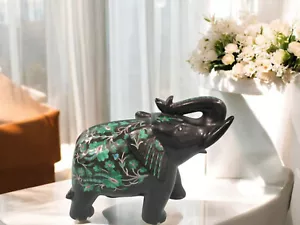 6" Black Marble Elephant with Malachite & Floral Art Handcrafted Luxury Home Dec - Bild 1 von 7