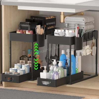 Adjustable Under Sink Organizer,2Tier Sliding Bathroom Kitchen Organizer Baskets - Image 1 of 4
