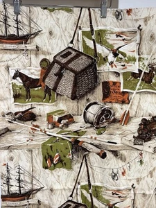 Vintage MCM Jagd Pferde Angelrolle Stange Ente Hirsch Hütte Rindenstoff Stoff - Bild 1 von 2