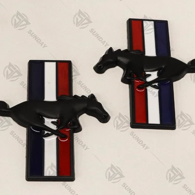 2005-2014 For Mustang LARGE Black Running Horse Tribar Fender Emblem Pair Foto 1 de 4