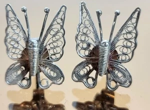 Vintage Mid Century Modern 800 Silver Filigree Butterfly Earrings 2cm x 1.5cm - Foto 1 di 5