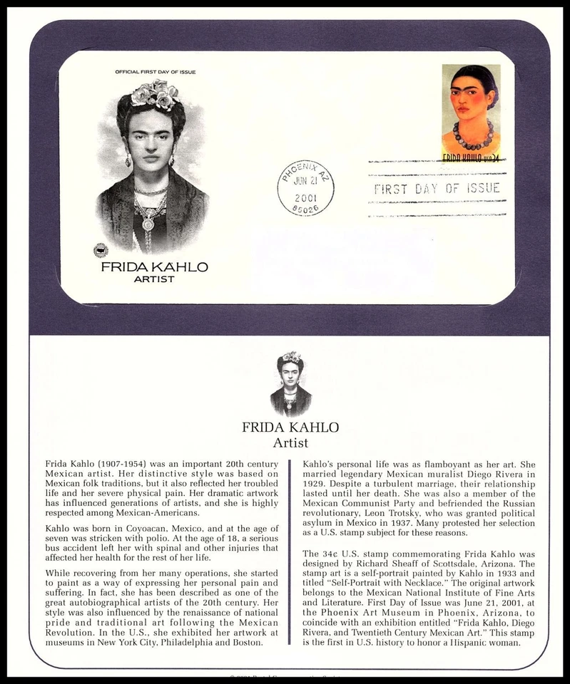 2001 Frida Kahlo Sc 3509 FDC PCS Mexican folk artist portraits self-expression - Image 1 of 1