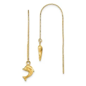 14K Solid Yellow Gold Dolphin Threader Dangle Earrings - Picture 1 of 4