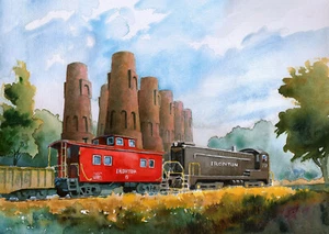 Ironton RR Red Caboose & Baldwin Engine, Coplay, PA. James Mann Train Art Prints - Imagen 1 de 2