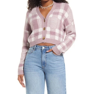 NUEVO CON ETIQUETAS BP Nordstroms Emma Cárdigan Corto a Cuadros Púrpura/Mauve Suéter Foto 1 de 4