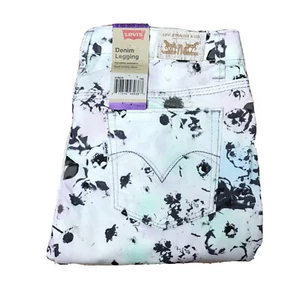 Levis Pants Girl 16 Regular White Floral Denim Leggings Stretch Adjustable Waist - Picture 1 of 10