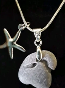 Hag Stone Necklace on Silver 925 Bail & Chain Starfish Wave Charms Witch Stone - Picture 1 of 10