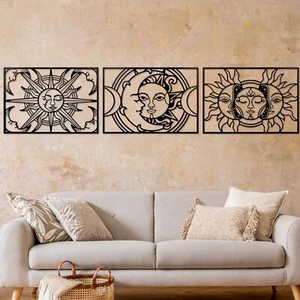 Wall Art 3 Pcs Sun And Moon Metal Decor 15.75 X 10.63 Inches Black Modern Indoor - Picture 1 of 6