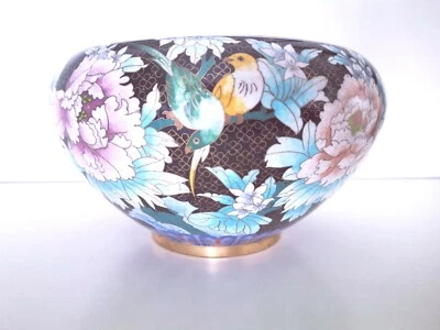 EXQUISITE HUGE QING GILT CHINESE CLOISONNE OPEN ENAMEL FLORAL BIRD JAR BOWL 1800 - Image 1 of 4