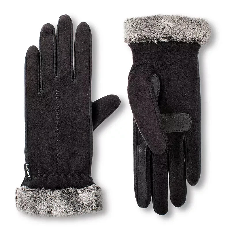 isotoner Smart DRI Lined Stretch Fleece Gloves Faux Fur Cuff, Black, 1 Size, $50 - Image 1 of 1