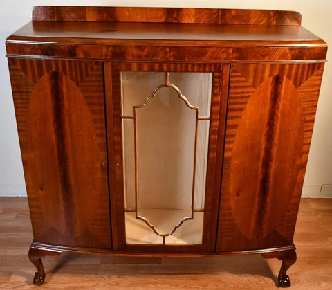 1920 Antique Chippendale Crotch Mahogany Liquor Cabinet Cover