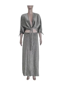 Vintage 70er Boho Metallic Silber Neujahr Zweiteiler Lurex Abendkleid Small - Bild 1 von 6