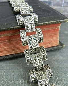 Vintage 925 Sterling Silver & Marcasite Link Bracelet - Picture 1 of 7