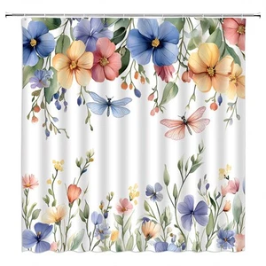 Floral Shower Curtain Blue Yellow Red Watercolor Flower Green Leaves Leaf Nat... - Picture 1 of 7