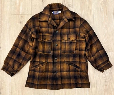 Vintage Pendleton Wool Plaid Board Coat Jacket Brown Black Made in USA M - Image 1 of 4