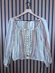 Free People Top XS / S Beige Stripe Cut Out Front Trim Balloon Blouse FP One - Picture 1 of 8