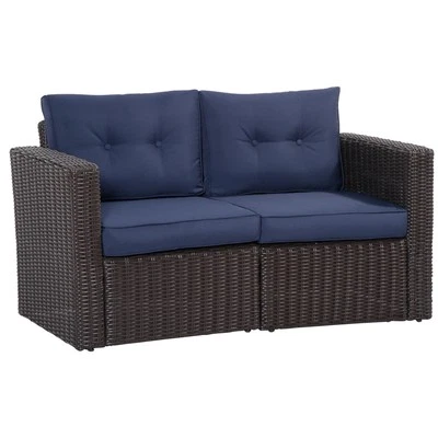 2-Piece Outdoor PE Rattan Wicker Patio Corner Sofa Loveseat w/Cushions, Blue - Image 1 of 4