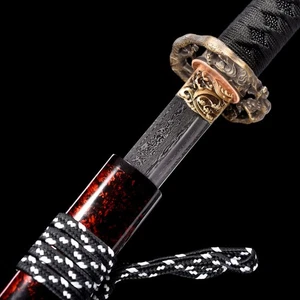 Espada Samurai Japonesa Hecha a Mano Katana Doblada Damasco Acero Rojo Profundo Saya Latón - Imagen 1 de 14