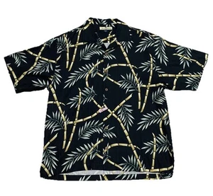 Camicia hawaiana seta Tommy Bahama vintage uomo M nera campeggio bambù palma beachwear - Foto 1 di 10