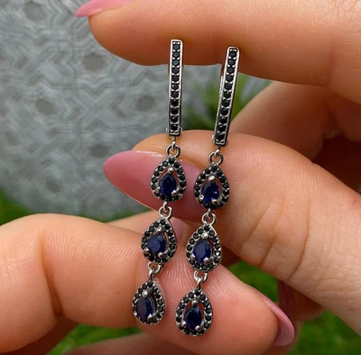 Pendientes de piedras preciosas naturales de zafiro y espinela negra, plata de ley 925 Foto 1 de 3