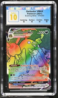 CGC Graded 10 Perfect Garbodor Vmax Rainbow 216/203 Evolving Skies Pokemon Card - Image 1 of 2