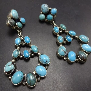 Signed Navajo TURQUOISE CLUSTER Sterling Silver EARRINGS Pierced Chandelier - Picture 1 of 13