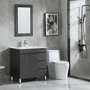 32" Bathroom Vanity With Sink Wood Cabinet Free Standing Modern Black w/Drain - Picture 1 of 10