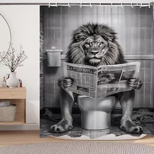 Funny Lion Shower Curtain Funcy Humor Leo Animal on Toilet Shower Curtains Se... - Picture 1 of 2