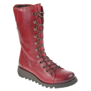 Fly London STER Mujer Rojo Cremallera Encaje Cuña Cuero Medio Pantorrilla Botas - Imagen 1 de 4