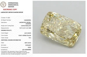 2.45 CT Cushion Lab Grown Diamond For Engagement Ring Fancy Intense Yellow VS2 - Picture 1 of 9