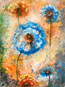 Fantasy Dandelions. Original abstract acrylic painting on paper. 16'' x 12''. - Picture 1 of 6