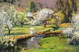 Lady with a Parasol by a Stream by Theodore Wendel Landscape 11x16 Art Print - Picture 1 of 1