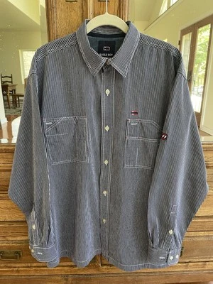 VINTAGE 90’S BUGLE BOY DENIM SHIRT VERTICAL RAILROAD STRIPE MENS L PRE-OWNED - Image 1 of 4