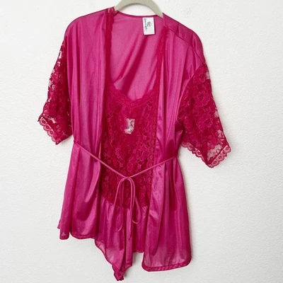 Vintage 80s Undercover Wear Size Small S Pink Floral Lace Lingerie Teddy & Robe - Image 1 of 4