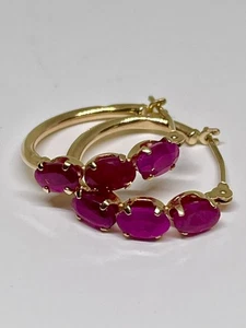 10k .417 Yellow Gold Natural 3 Ruby Row 5/8" Hoop Earrings   - Picture 1 of 8