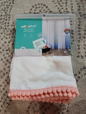 Pillowfort 1 curtain panel 42x84 long white with multi color pom poms New Nip - Image 1 of 4