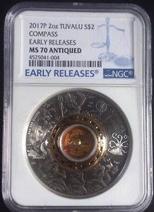 PERFECT DEAL 2017 Gold Compass 2oz Silver Antiqued 999 Silver Gilt Coin NGC70 - Picture 1 of 8
