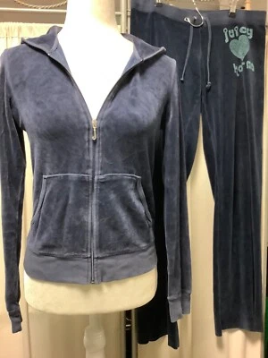 Juicy Couture темно-синий костюм широкие ноги заниженной брюки M 34 x 33 молнии толстовка с капюшоном S - Изображение 1 из 4