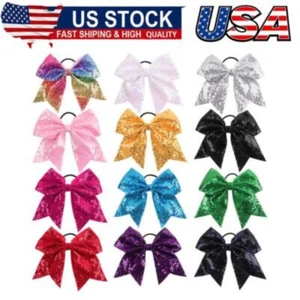 12PCS 7" Large Glitter Cheer Hair Bows Ponytail Holder Elastic Band Handmade - Picture 1 of 7