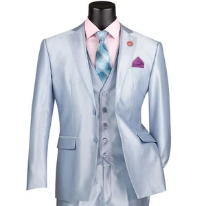 VINCI Men's Ice Blue Satin 3-Piece 2-Button Slim-Fit Suit - NEW