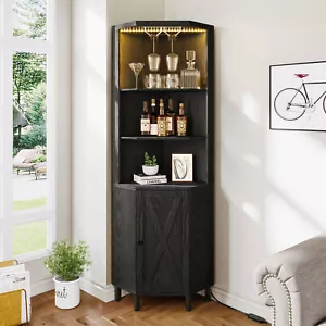 LED Corner Wine Bar Cabinet for Liquor and Glasses Wine Racks with Barn Doors - Picture 1 of 10