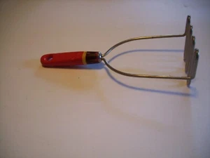 Vtg Androck Potato Masher red /brown Painted Wood Handle yellow Stripe - Picture 1 of 5