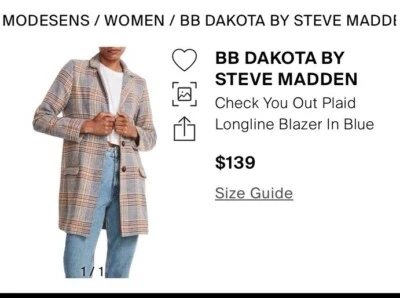 Chaqueta Blazer BB Dakota Steve Madden Para Mujer Pequeña Azul, Óxido y Beige a Cuadros Foto 1 de 3