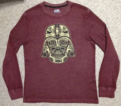 DARTH VADER LONG SLEEVE SHIRT folk art waffle knit burnout faded maroon red MENS - Image 1 of 4