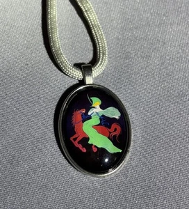 Lady Riding Horse Glass Pendant with light gray cord Necklace - Picture 1 of 4